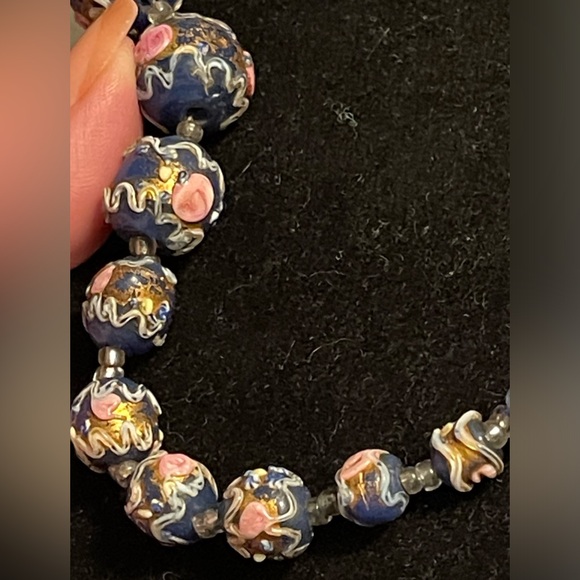 Vintage VENETIAN Italy Wedding Cake Art Murano Glass Cobalt Blue Bead Necklace - Picture 12 of 17